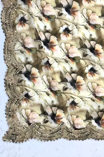 Floral printed green colour satin orgenza silk fabric sequnce dupatta