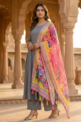 Digital print lilen blend zari dupatta for women and girls to wear on gown chaniya choli kurti etc