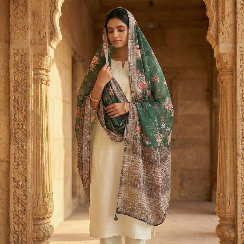 Digital print lilen blend zari dupatta for women and girls to wear on gown chaniya choli kurti etc