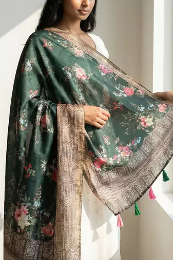 Digital print lilen blend zari dupatta for women and girls to wear on gown chaniya choli kurti etc