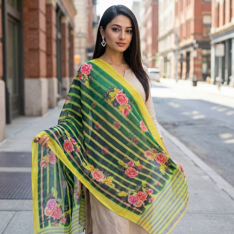 Digital print lilen blend zari dupatta for women and girls to wear on gown chaniya choli kurti etc