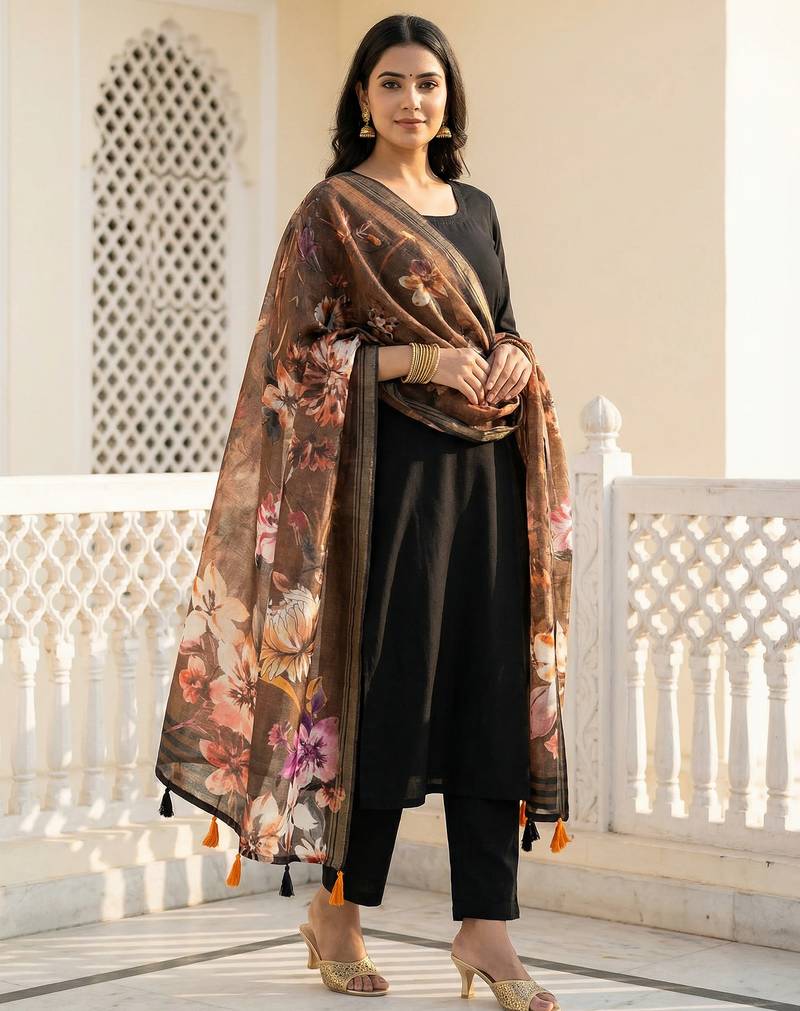 Digital print lilen blend zari dupatta for women and girls to wear on gown chaniya choli kurti etc