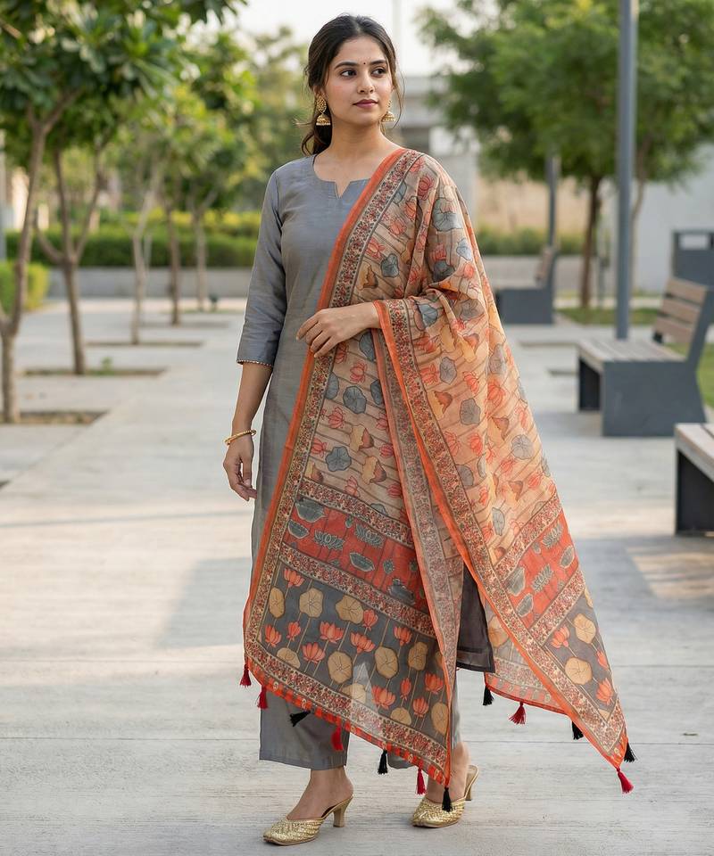 Digital print lilen blend zari dupatta for women and girls to wear on gown chaniya choli kurti etc