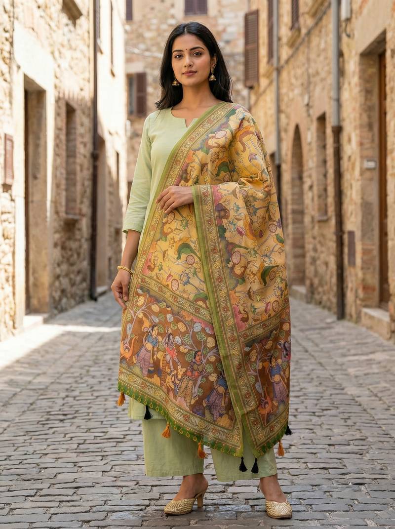 Digital print lilen blend zari dupatta for women and girls to wear on gown chaniya choli kurti etc