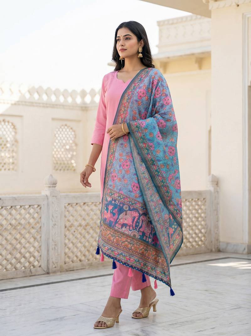 Digital print lilen blend zari dupatta for women and girls to wear on gown chaniya choli kurti etc