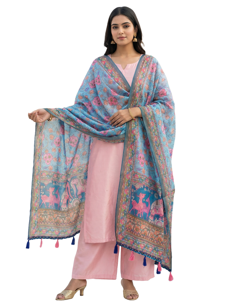 Digital print lilen blend zari dupatta for women and girls to wear on gown chaniya choli kurti etc