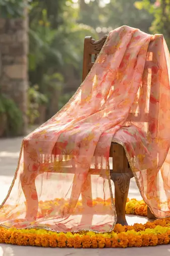Printed orgenza silk multi sequnce lace work dupatta