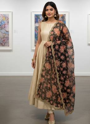 Printed orgenza silk multi sequnce lace work dupatta 1