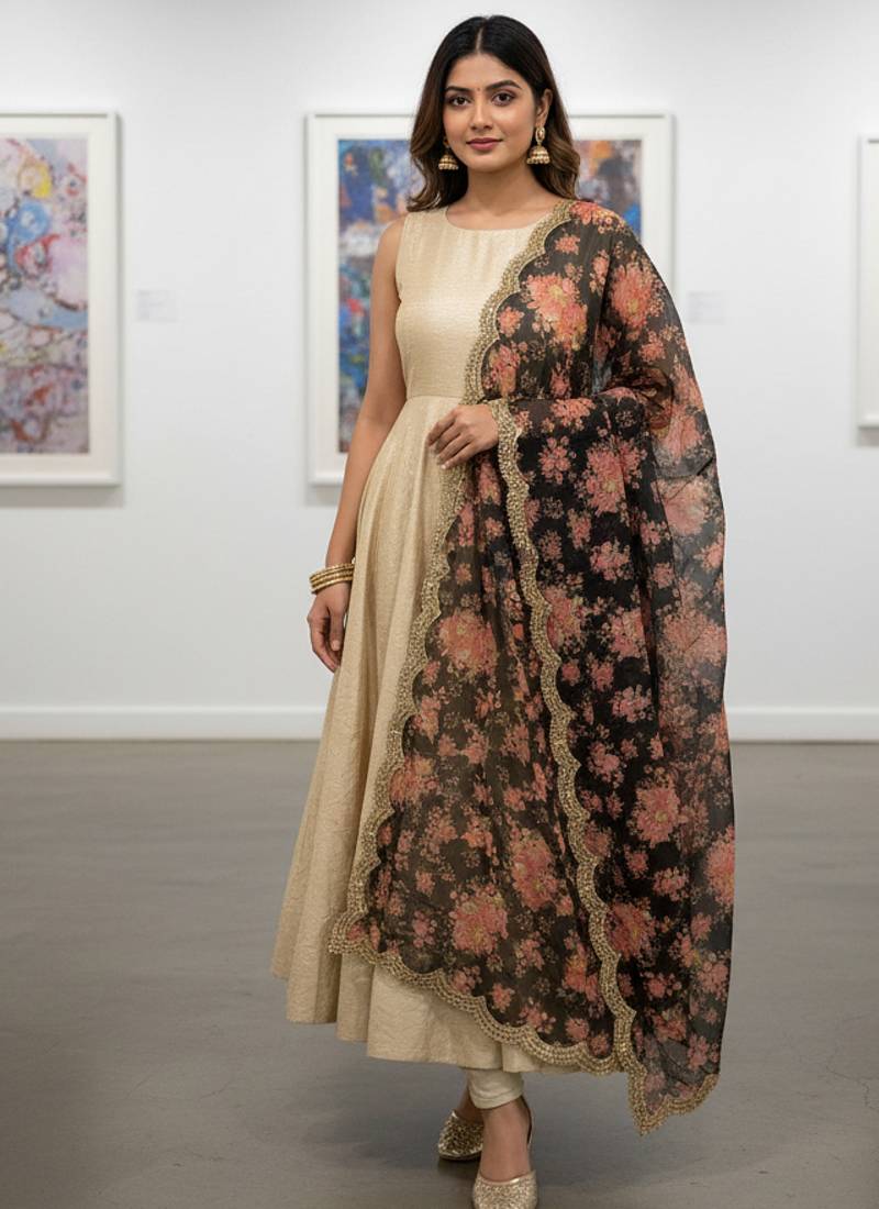 Printed orgenza silk multi sequnce lace work dupatta