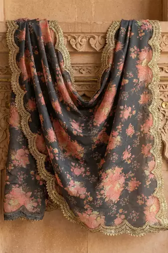 Printed orgenza silk multi sequnce lace work dupatta
