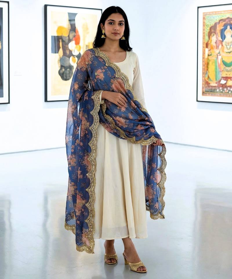 Printed orgenza silk multi sequnce lace work dupatta