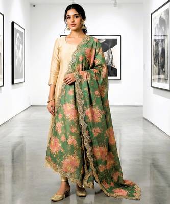 Printed orgenza silk multi sequnce lace work dupatta 1