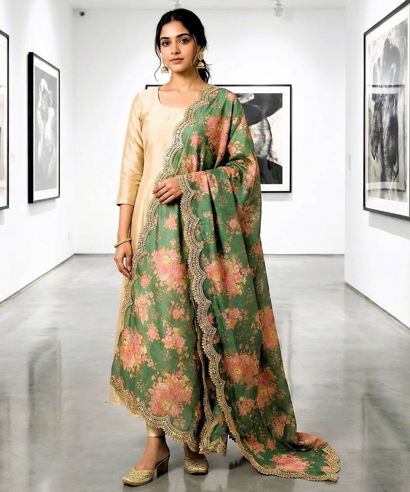 Printed orgenza silk multi sequnce lace work dupatta