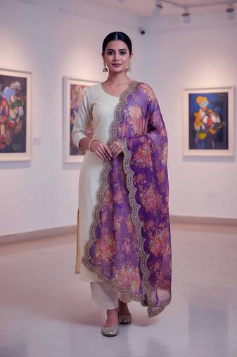 Printed orgenza silk multi sequnce lace work dupatta
