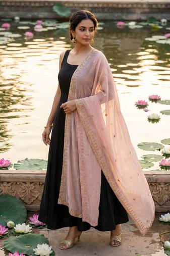 Baby pink solid colour orgenza silk fabric thred embrodery dupatta