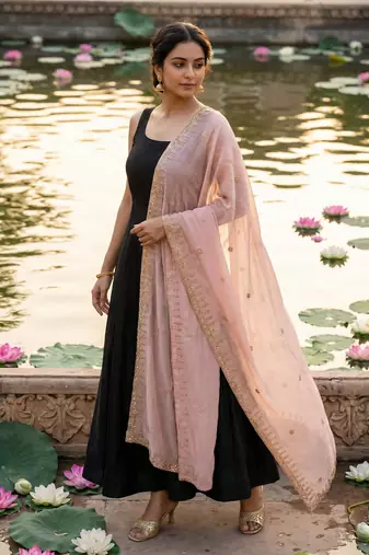 Baby pink solid colour orgenza silk fabric thred embrodery dupatta