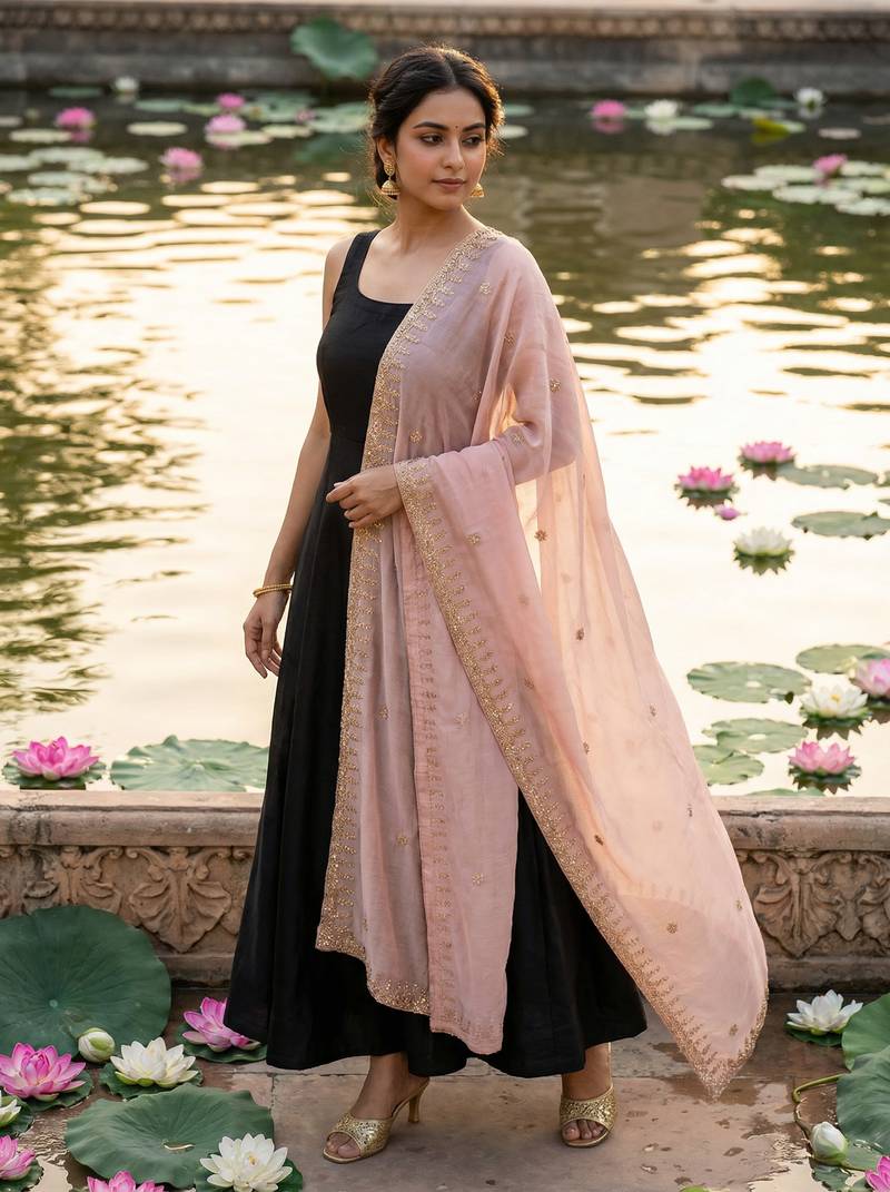 Baby pink solid colour orgenza silk fabric thred embrodery dupatta