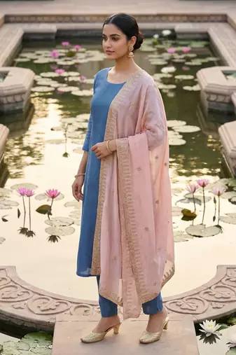 Baby pink solid colour orgenza silk fabric thred embrodery dupatta