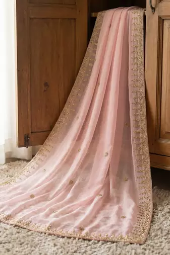 Baby pink solid colour orgenza silk fabric thred embrodery dupatta