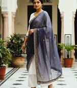 Neavy blue solid colour orgenza silk fabric thred embrodery dupatta