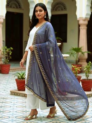 Neavy blue solid colour orgenza silk fabric thred embrodery dupatta 2