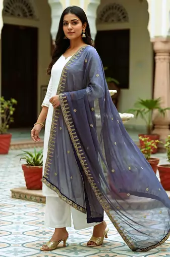 Neavy blue solid colour orgenza silk fabric thred embrodery dupatta