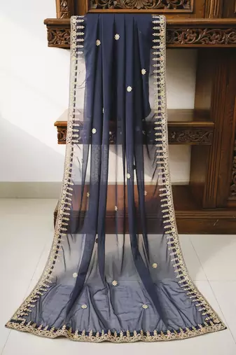 Neavy blue solid colour orgenza silk fabric thred embrodery dupatta