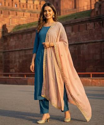 Peach solid colour orgenza silk fabric thred embrodery dupatta 1