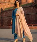 Peach solid colour orgenza silk fabric thred embrodery dupatta