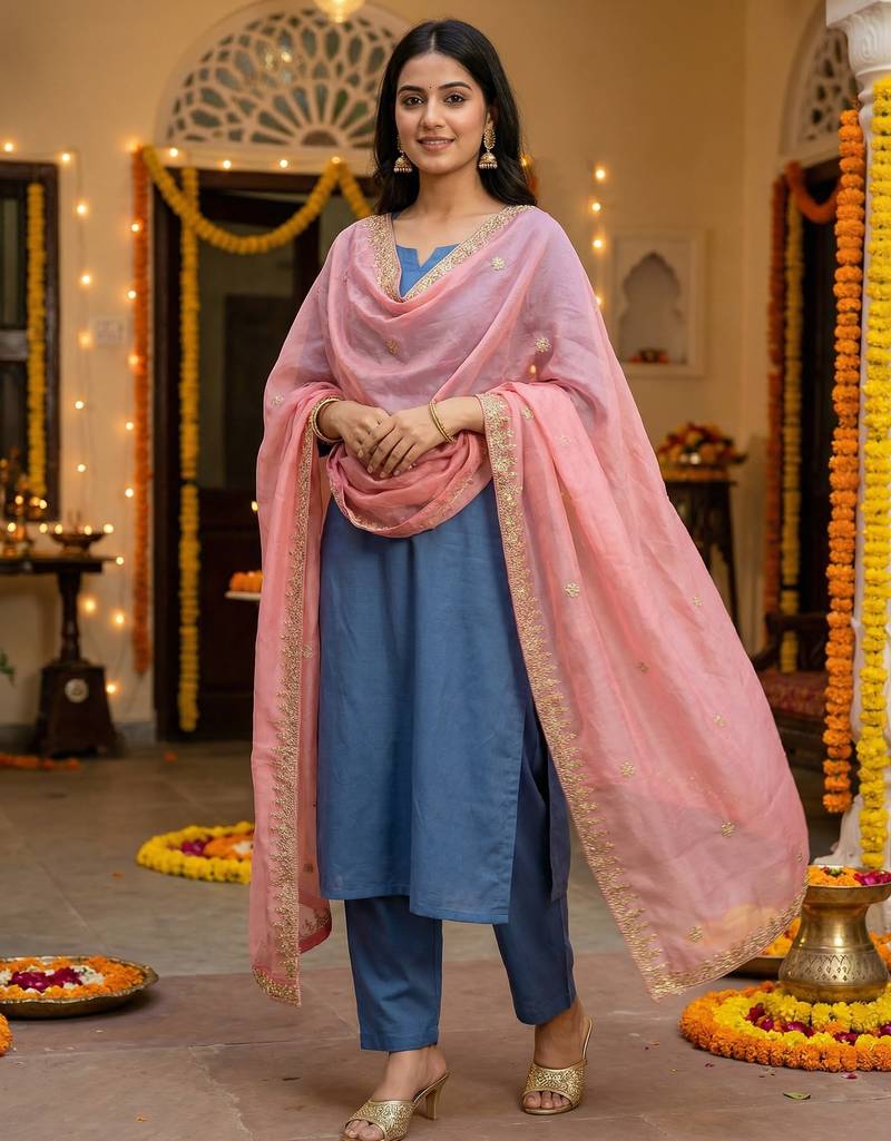 Pestal pink solid colour orgenza silk fabric thred embrodery dupatta
