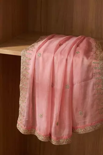 Pestal pink solid colour orgenza silk fabric thred embrodery dupatta