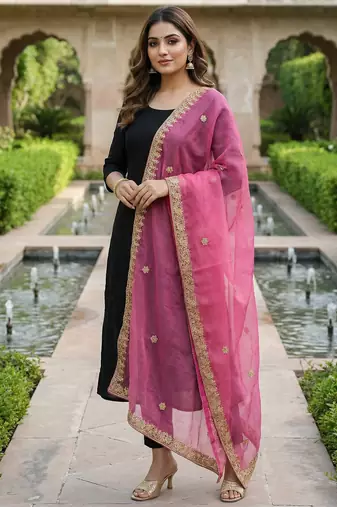Rani pink solid colour orgenza silk fabric thred embrodery dupatta