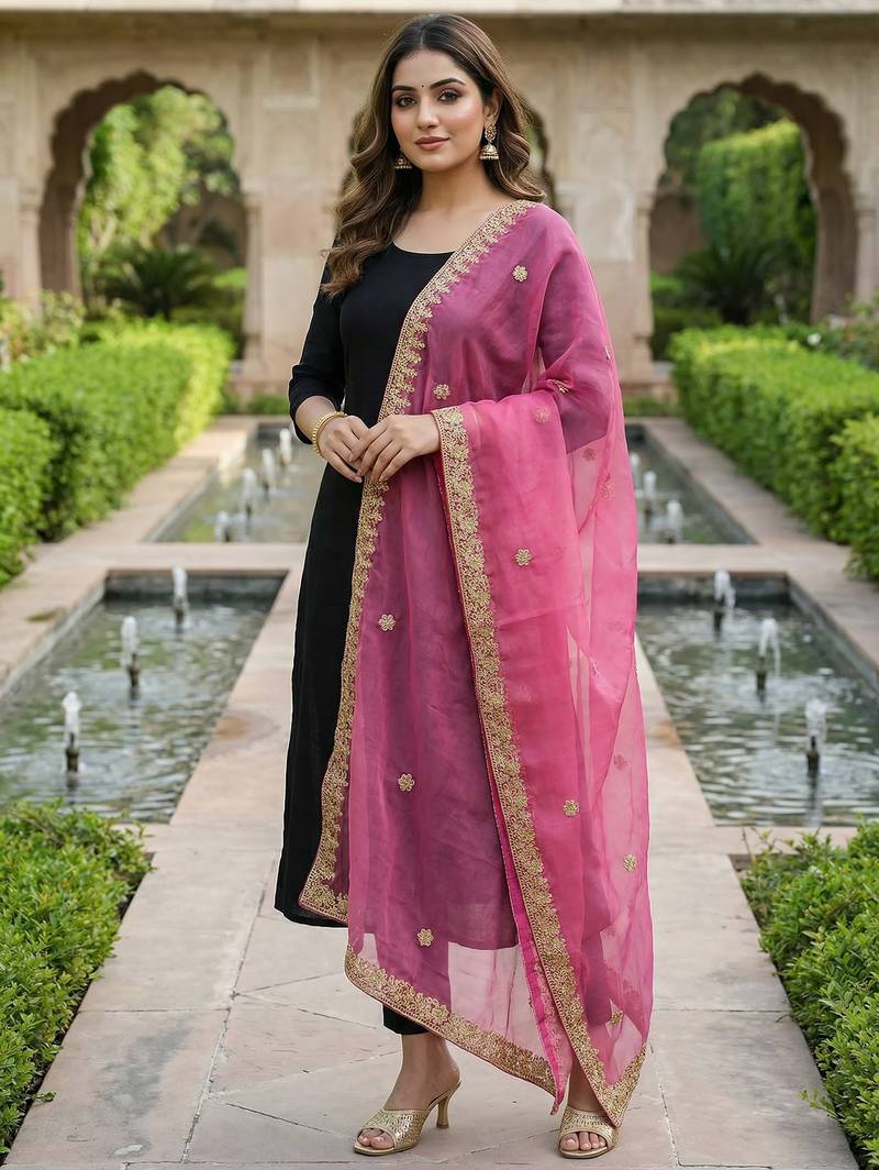 Rani pink solid colour orgenza silk fabric thred embrodery dupatta