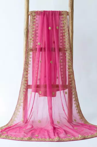 Rani pink solid colour orgenza silk fabric thred embrodery dupatta