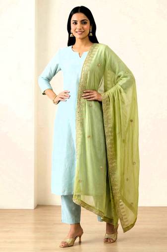 Parrot green solid colour orgenza silk fabric thred embrodery dupatta