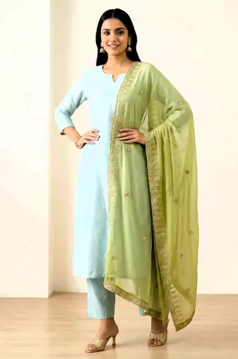 Parrot green solid colour orgenza silk fabric thred embrodery dupatta