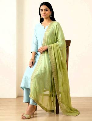 Parrot green solid colour orgenza silk fabric thred embrodery dupatta 2