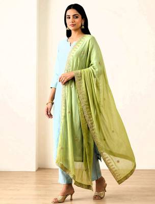 Parrot green solid colour orgenza silk fabric thred embrodery dupatta 3