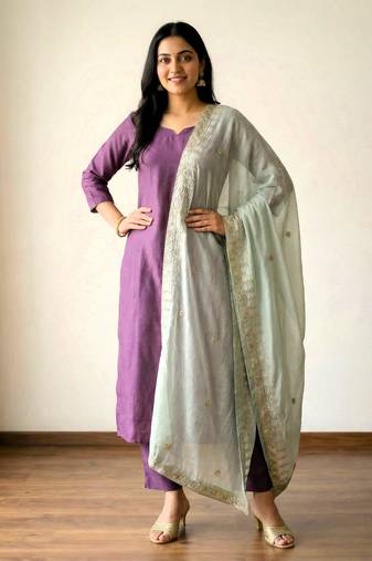 Light green solid colour orgenza silk fabric thred embrodery dupatta