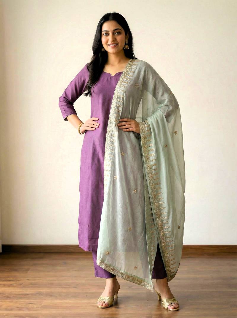 Light green solid colour orgenza silk fabric thred embrodery dupatta