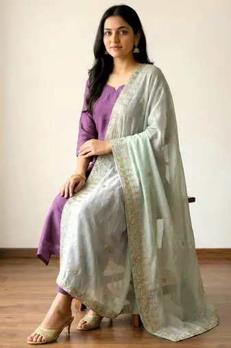 Light green solid colour orgenza silk fabric thred embrodery dupatta