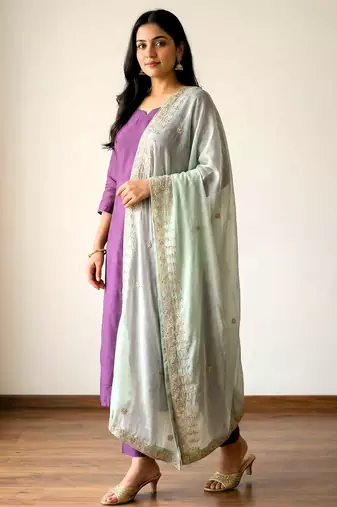 Light green solid colour orgenza silk fabric thred embrodery dupatta