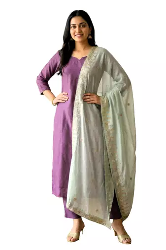 Light green solid colour orgenza silk fabric thred embrodery dupatta