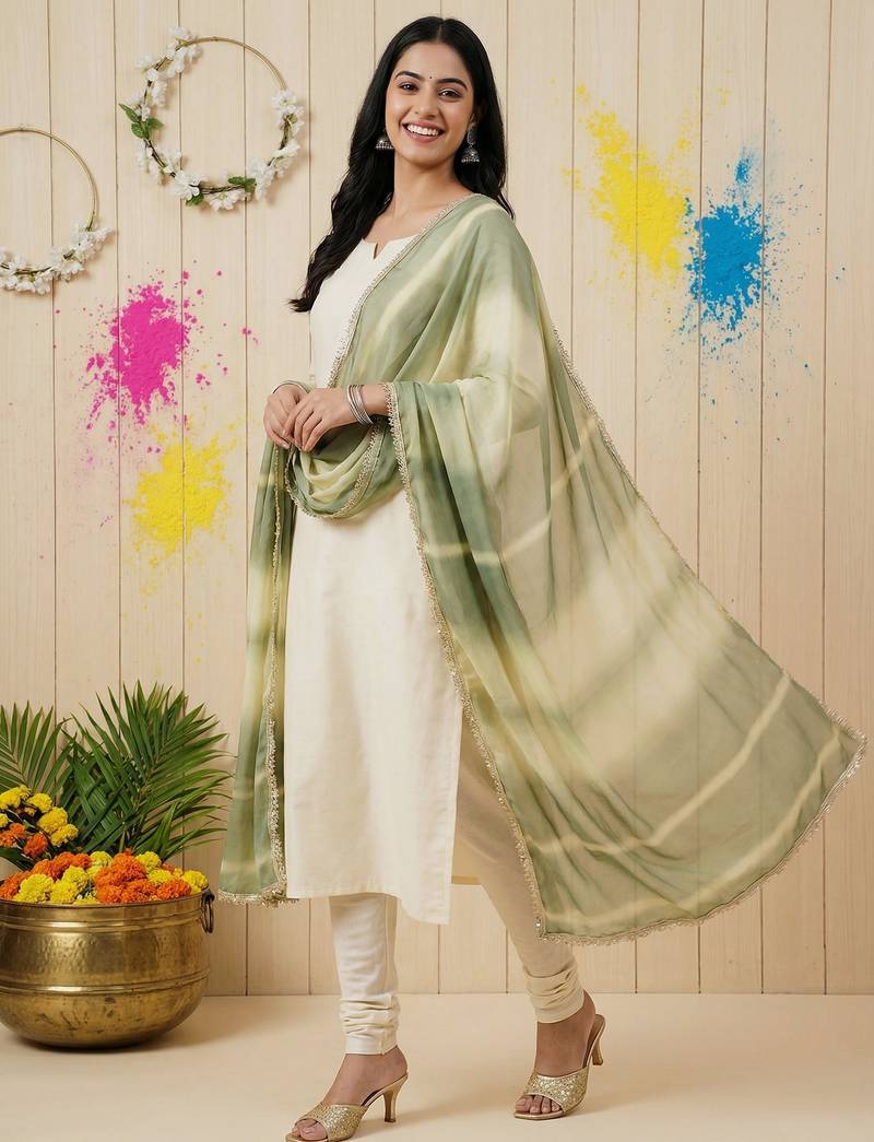 Printed orgenza silk silver gold lampi  lace work dupatta