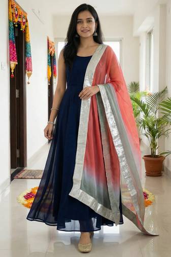 Printed orgenza silk silver gold lampi  lace work dupatta