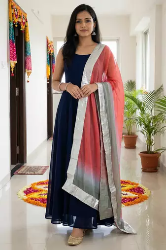 Printed orgenza silk silver gold lampi  lace work dupatta