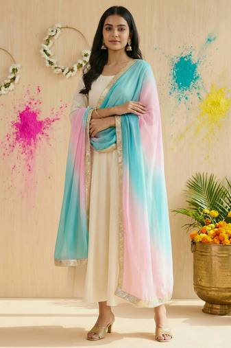Printed orgenza silk silver gold lampi  lace work dupatta
