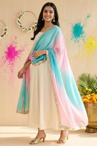 Printed orgenza silk silver gold lampi  lace work dupatta