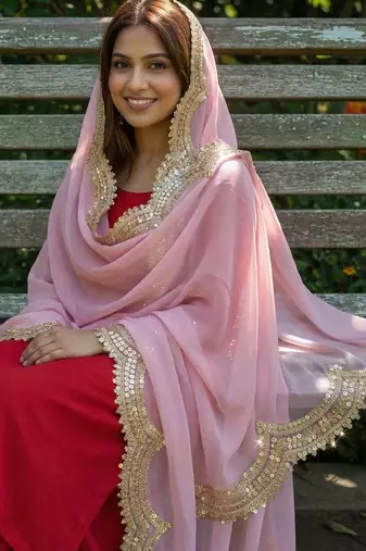 Baby pink  colour orgenza silk fabric thred sequnce embrodery dupatta