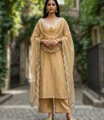 Golden colour orgenza silk fabric thred sequnce embrodery dupatta